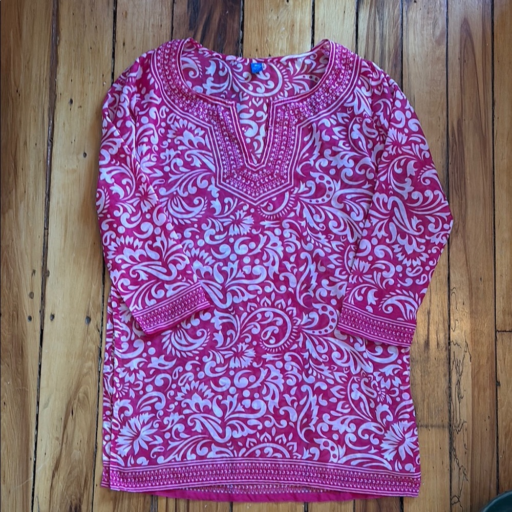 Raj Pink and White Tunic Top 100% silk. Bathing suit cover up, beach, swim